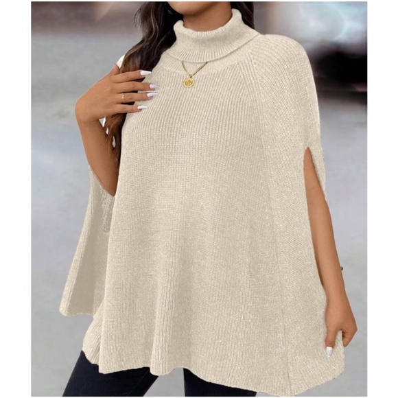 Cozy Ribbed Turtleneck Minimalist Poncho Sweater Top - Picture 5 of 7